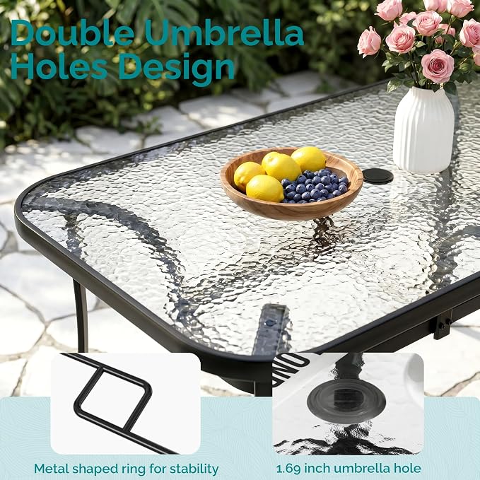 MAMIZO 7 Pieces Patio Dining Set for 6, Outdoor Table and Chairs w/Rectangle Glass Table and 6 Textilene Stackable Chairs, Patio Furniture Set w/1.69" Umbrella Hole (Black Table & Brown Chair)