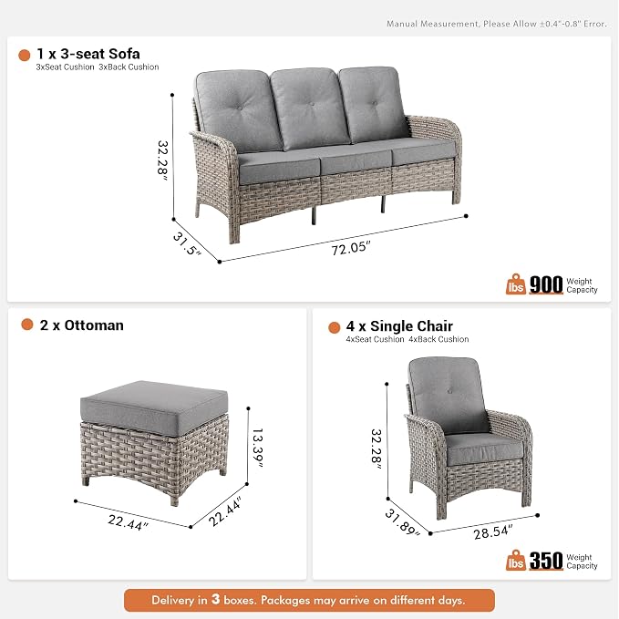 7-Piece Outdoor Patio Furniture Set with Ottomans 3 Seater Couch,All Weather Wicker Rattan Patio Seating Sofa and Chair Set with Ottomans,Outdoor Conversation Sets for Porch Deck Yard,Grey