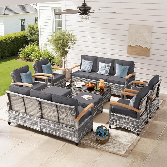 MEISSALIVVE 10 Pieces Outdoor Patio Furniture Sets, Wicker Patio Conversation Sets with 2 Wood Armrests Swivel Glide Chairs,2 Single Chairs, Outdoor Couch and Coffee Table(Grey)