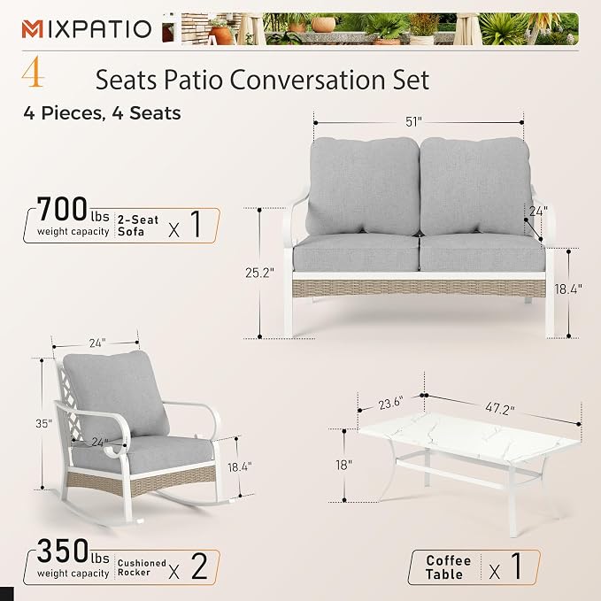 MIXPATIO 4 Piece Patio Furniture Set, 2 x Rocking Chair, 1 x 2-Seat Sofa with Marbling Coffee Table, 4 Seats Outdoor Conversation Set for Lawn Garden Backyard, Light Gray