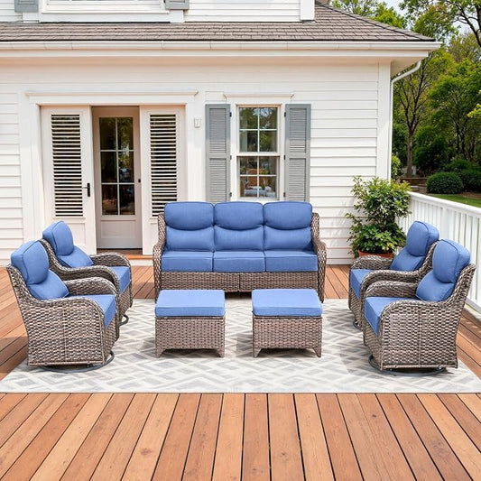Luxury High Back Patio Furniture Set with 6-Inch Thick Cushions, 7-Pieces Outdoor Furniture with Swivel Chairs, Wicker Conversation Set for Porch, Balcony, Deck and Yard, Brown/Blue