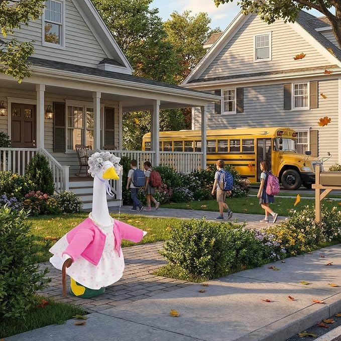 Old Lady Porch Goose Outfits with Floral Dress for 23" Cement Statues | 23 inch Funny Concrete Goose Outfit Grandma Costume with Wig Glasses Cane for Lawn Yard Garden Patio Decor(Hot Pink Floral)