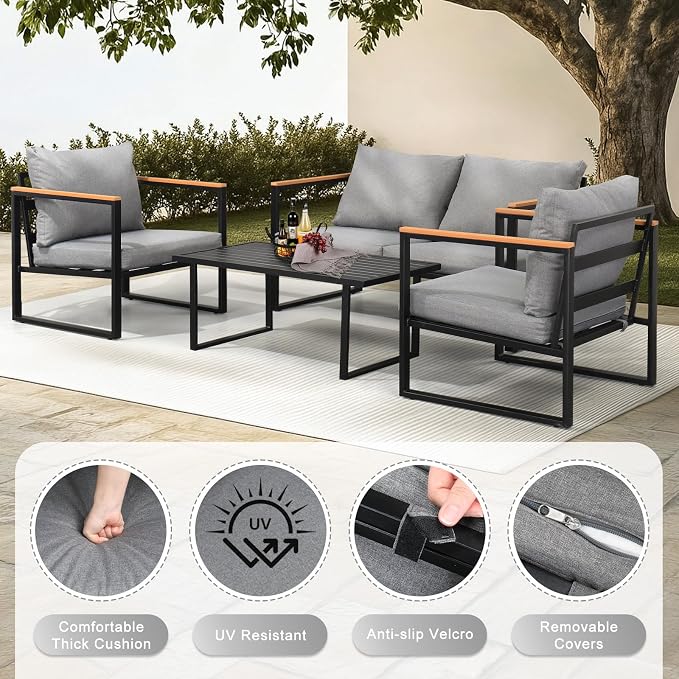 Outvita Outdoor Patio Furniture Set, 4 Pieces Patio Furniture with Coffee Table Set, Metal Conversation Sets with Wood Armrest & Removable Washable Cushions for Balcony, Deck and Poolside
