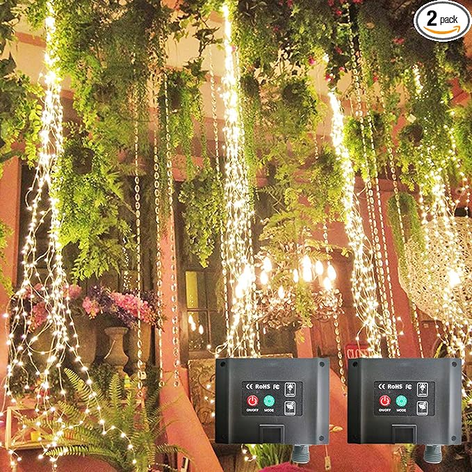 SHUKAN 2 Pack 220 LED Firefly Bunch Lights, 8 Flashing Modes Waterproof Copper Wire Waterfall Lights, Fairy Lights for Indoor Outdoor Decor (Solar Warm White)