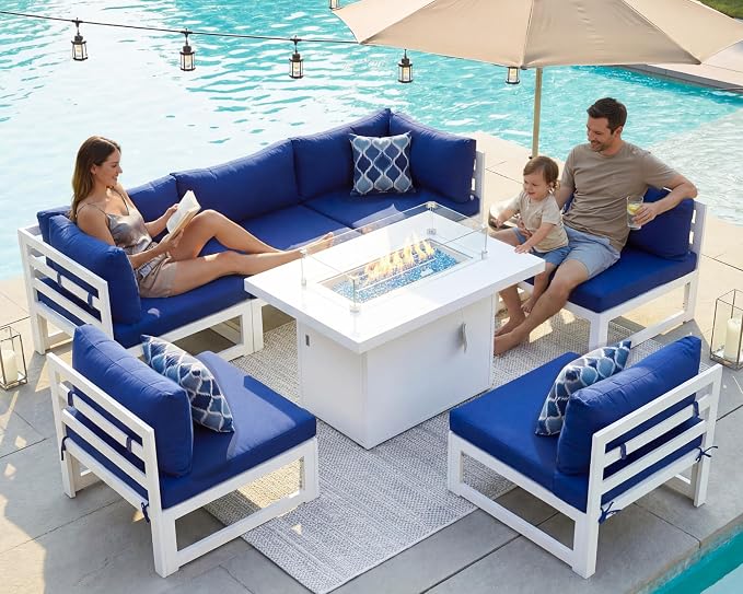 BULEXYARD 6 Seat L-Shaped Large Modern Aluminum Patio Furniture Set, All Weather Modular Sectional Sofa with Fire Pit Table, 500 lbs Heavy Duty Comfortable Outdoor Couch for Backyard Deck, Navy Blue