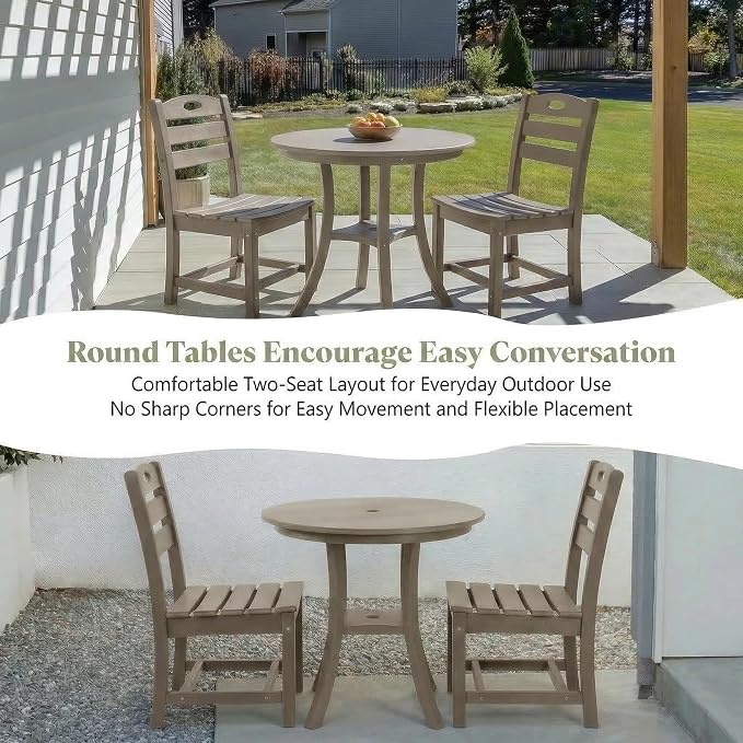 WILLIAMSPACE 29.72" 3-Piece Patio Dining Set, Outdoor All Weather HDPE Round Dining Table with Umbrella Hole & 2 Chairs, Patio Bistro Set for Backyard, Balcony, Lawn, Poolside, Kitchen (Brown)