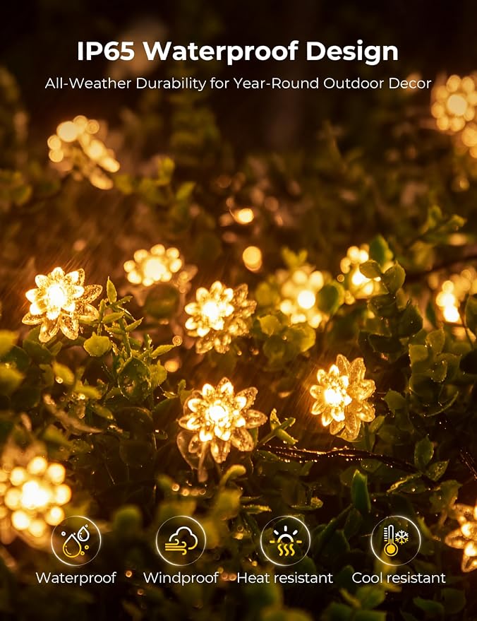 Brightown 50 LED Flower Solar String Lights Outdoor Waterproof, Warm White | Solar Christmas Lights with 8 Modes, Fairy Lights for Garden Fence Yard Lawn Tree Wedding Party