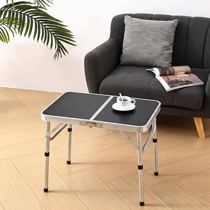 YihuiKo Folding Picnic Table with Storage Net, Black Folding Table 23.6" x 15.8", Adjustable Height Max 27.5", Lightweight Portable for Camping Travel Indoor