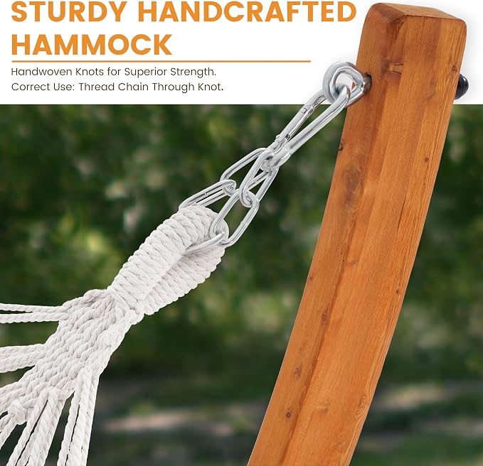 Lazy Daze Hammocks Cotton Fabric Spreader Bar Hammock and 10.5 Ft Wood Arc Hammock Stand Combo, for Indoor, Outdoor, Patio, Backyard, Blue and White