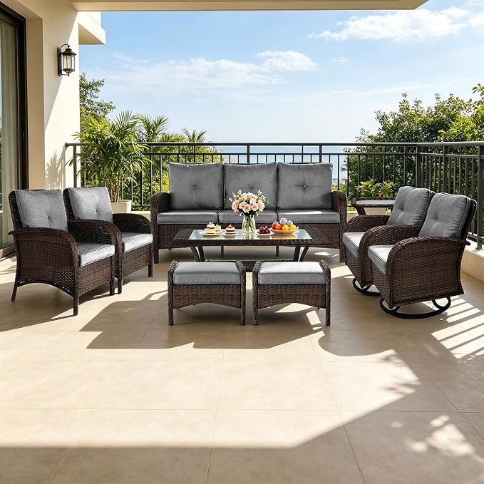 All Weather Patio Furniture Set, High Back Swivel Rocker Glider Chairs，Ottomans & Glass Tables, Outdoor Conversation Set for Deck Porch Yard Poolside (Grey, 9PCS-Swivel Chairs&Chairs&Sofa&Tables)