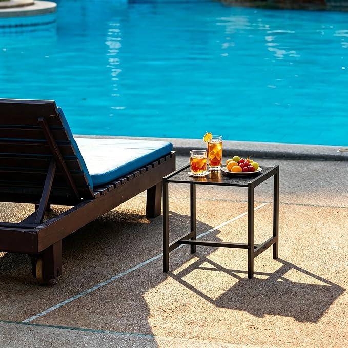 Small Outdoor Table Black Patio Side Table with Storage, Square Metal Porch End Table, Weather Resistant Adirondack Side Table for Pool, Balcony and Backyard