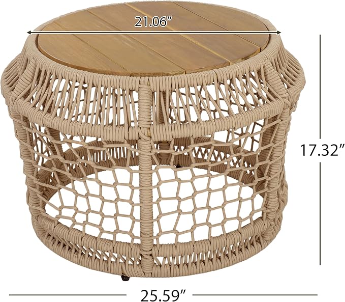 Outdoor Side Table with Light Beige Rope Frame, Patio Side Tables for Outside, Round Acacia Wood Outdoor End Table for Poolside Backyard Gazebo,No Assembly Required