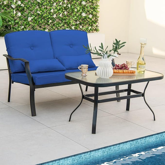 Tangkula 2 Piece Patio Furniture Set, Outdoor Loveseat Chair Set with Seat Back Cushions & Waist Pillows, Tempered Glass Coffee Table, Heavy-Duty Metal Sofa Set for Yard Garden Balcony Poolside