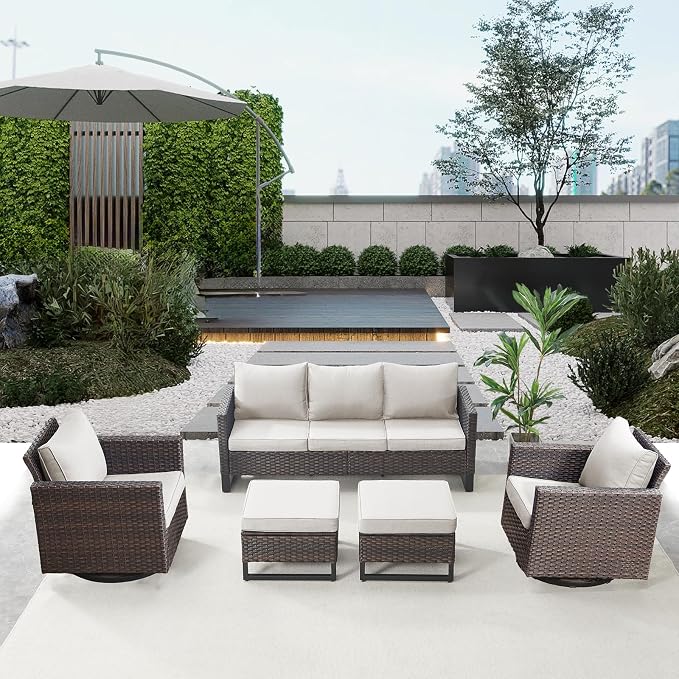 Belord Wicker Patio Furniture 5 Piece Outdoor Sofa Set, Oversize Outdoor Swivel Rocker Chairs with Rattan Ottomans, Conversation Sets Patio Furniture Come with Removable Cushion Beige, Anti-Rust Frame
