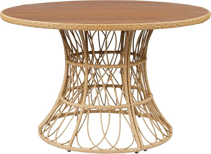 IRONORA Natural Acacia Wood Top Round Patio Dining Table, Woven Rattan Hourglass Base Outdoor Bistro Table, 4-6 Person Wooden Slatted Top Table for Backyard Balcony Garden Coastal Decor