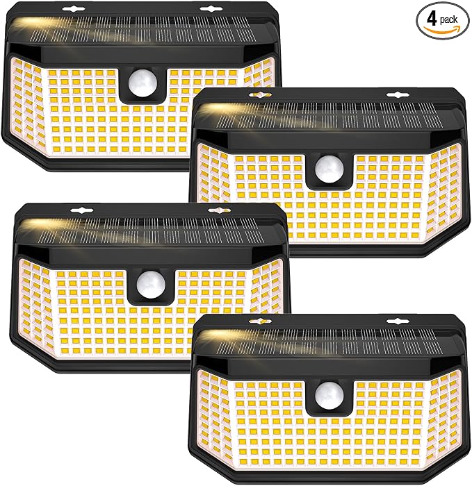 Aootek Warm White Solar Outdoor Motion Sensor Lights, 2500Lm, 15.3 in² Solar Panel, 3 Lighting Modes, IP65 Waterproof, Wide Angle,Ideal for Patio, Garden, Garage, Yard, Front Door (4-Pack)