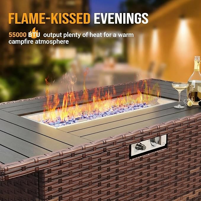 Outdoor Patio Furniture Set with 44" Fire Pit Table 8 Pieces Rattan Patio Sectional Sofa Conversation Set w/55000 BTU Propane Gas Fire Pit, Coffee Table, 2 Waterproof Covers, Red