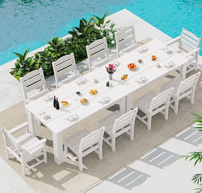 SERWALL 59" HDPE Patio Dining Set for 10, w/ 2 Tables & 10 Chairs, White | All Weather Resistant HDPE Dining Sets for Patio, Garden, Backyard