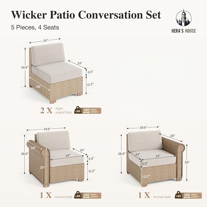 HERA'S HOUSE Patio Furniture Set, All Weather 4 Seats Outdoor Sectional Wicker Sofa with Fire Pit Table, 5.5" Thick Waterproof Cushion Modular Conversation 6 Pieces Sofa Set for Garden Deck Backyard