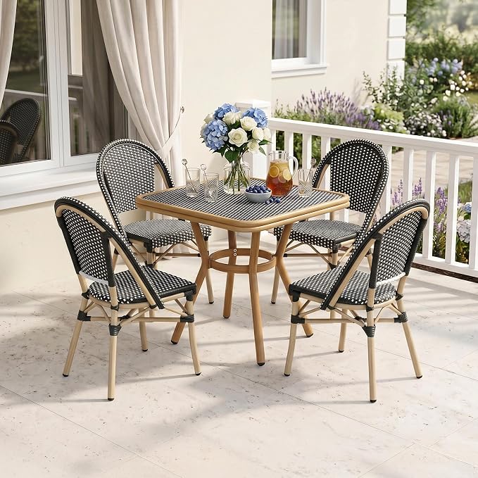 PURPLE LEAF 5-Piece French Bistro Dining Set Square Outdoor Patio Table and 4 Armless Chairs Tempered Glass Top PE Rattan Champagne Print Finish Aluminum Frame Black