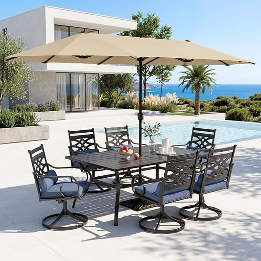 PHI VILLA Outdoor Dining Set with Umbrella for 6, 60" Metal Table & Wrought Iron Swivel Chairs, Patio Furniture with Blue Cushions & Pillows for Deck, Porch, Backyard