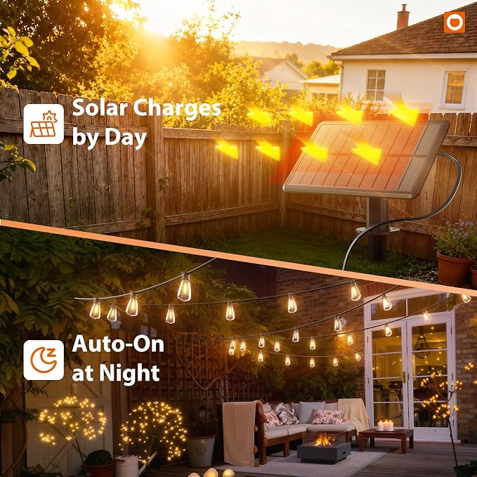 addlon 72FT Solar String Lights Waterproof with Remote & USB, Patio Lights | Solar Powered with Dimmable LED Shatterproof Bulbs, Outdoor Lighting for Camping Backyard Garden
