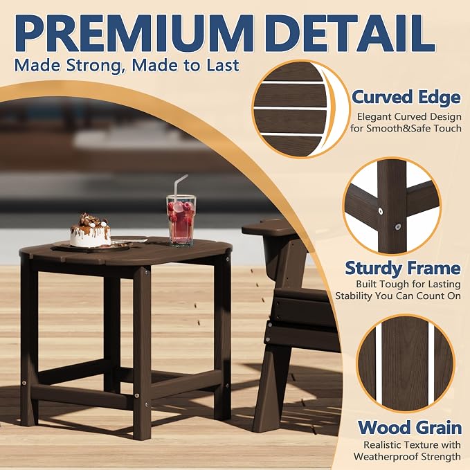 Outdoor Adirondack Side Table for Patio Porch Pool, 18" HDPE Weather Resistant End Table for Backyard and Indoor Use, Easy Maintenance & Indoor Outdoor Durable Construction(Coffee)