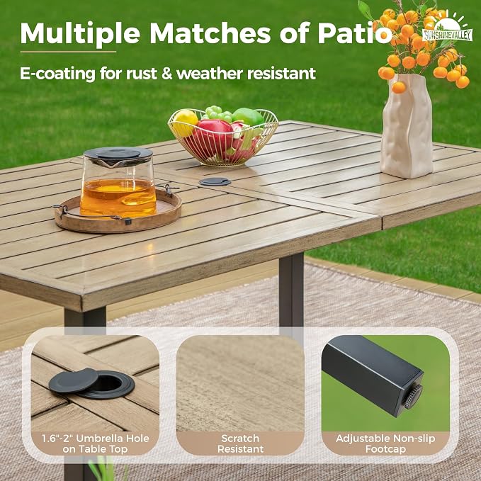 SUNSHINE VALLEY Patio Dining Set,Wood-Like Metal Table w/Umbrella Hole | 60x36 Table&6 Pcs Rust-Proof Stackable Chairs, Outdoor Table and Chairs Set for Backyard Garden Deck