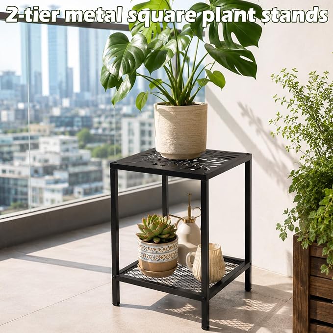 2-Tier Metal Side Table Square Small End Table with Storage Shelf Laser-Cut Leaf Pattern Accent Table Indoor Outdoor Small Space Coffee Table for Living Room, Bedroom, Patio, Plant Stand, Black