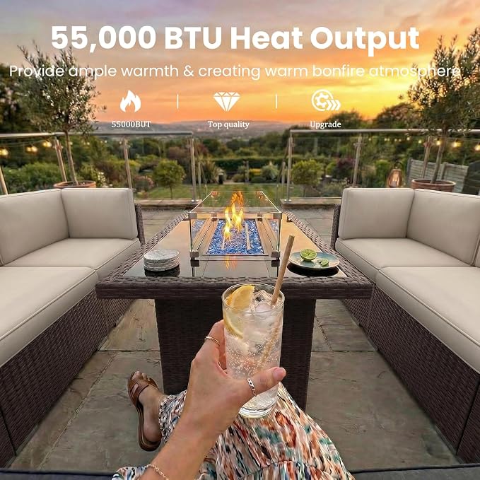 8 Pieces Patio Furniture Set with 44" Propane Gas Fire Pit Table, Outdoor Sectional Brown Rattan Wicker Conversation Sofa Sets with Coffee Table