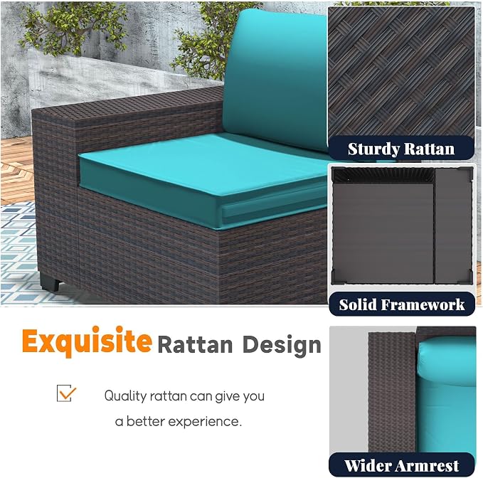 Patio Furniture Set 7 Pieces Outdoor Furniture Patio Conversation Set w/43in Aluminum Gas Fire Pit,PE Rattan Wicker 7 Pcs Outdoor Sofa Set w/55000 BTU Propane Fire Pit Table,Blue