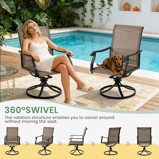 LVUYOYO 7-Piece Outdoor Patio Dining Set, Textilene Swivel Chairs & Rectangular Table Set, All-Weather Table and Chairs Set with Umbrella Hole for Backyard, Garden,Balcony,Porch (Brown)