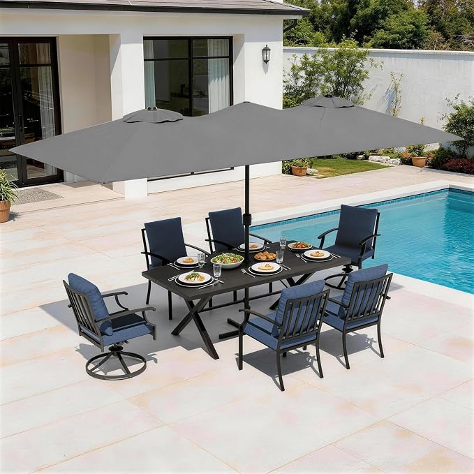 8 Pieces Patio Dining Set,Metal Outdoor Furniture Set Includes 13.6FT Grey Umbrella,Hole Cut-Out 78.7" x 35.4" Table and 6 Metal Backrest Chairs for Backyard,Garden,Navy
