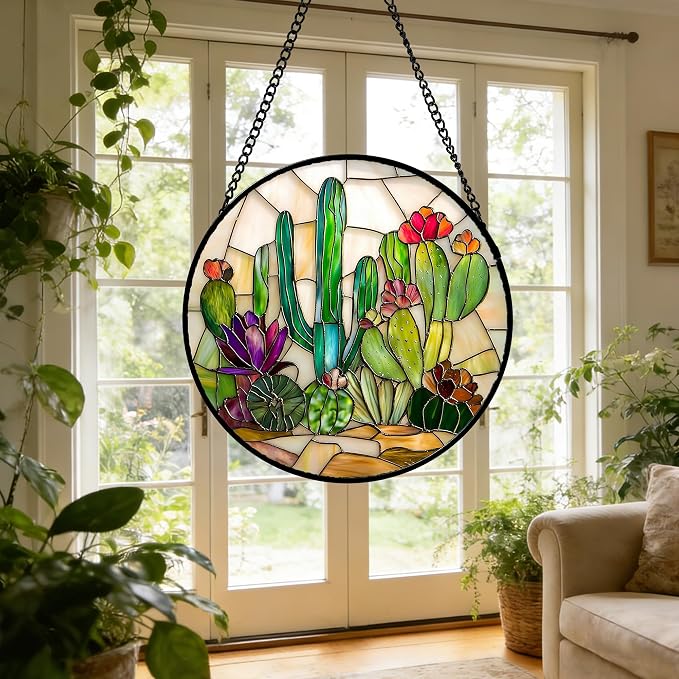 DASTOLL Stained Glass Window Hanging, White Green Cactus Suncatcher Diamond Glass Panel Hangings Sun Catchers Decor for Birthday for Women, Men, Wife, Aunt, and Mom 7.8 in