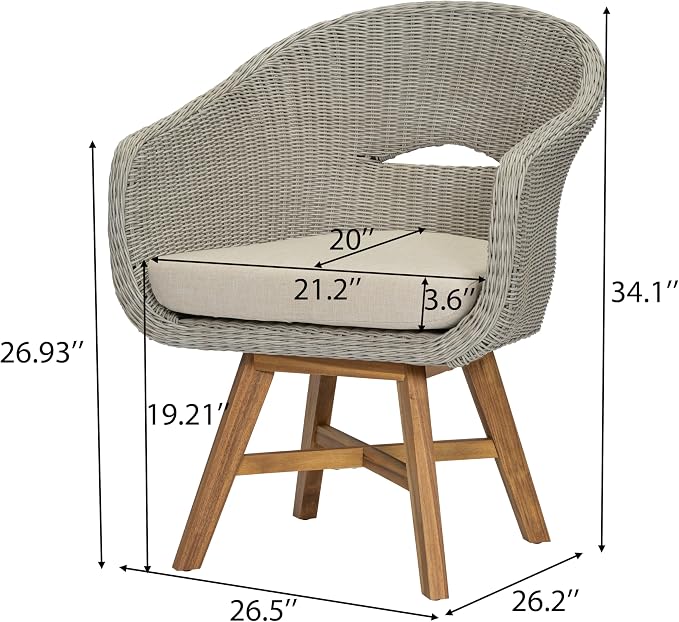 Christopher Knight Home Ambes 5 Piece Acacia Wood Outdoor Dining Set for 4, Patio Dining Table and Chair Set with Curved Rattan Backrest & Cushions, Outdoor Dining Table Set, Beige+Grey Ash+Brown