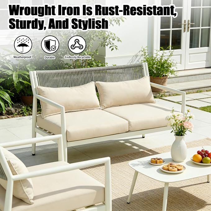 Outdoor Patio Furniture Set, 4 Seats Outdoor Sectional with Coffee Table, Patio Conversation Sets with PE Rope, Outdoor Sectional Sofa with Thick Cushions for Balcony, Porch (White)