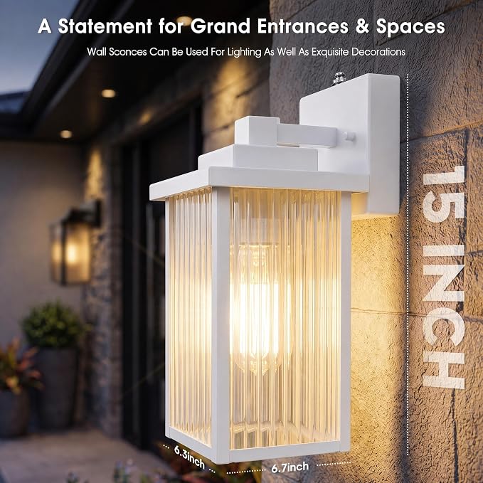 15-Inch Dusk to Dawn Outdoor Wall Light, White Porch Light All-Metal | Auto On at Dusk, Off at Dawn. Textured Glass Softens Glare. Waterproof Rust-Resistant Metal. Pre-Assembled DIY Install
