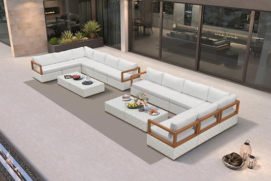 PURPLE LEAF Patio Outdoor Furniture Set 16 Pieces, Premium Leather Outdoor Couch Sectional Sofa, L-Shaped Patio Conversation Sets with Olefin Cushions, Patio Couch for Porch, Balcony, Garden, White