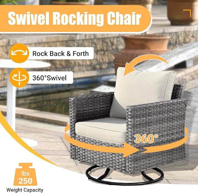 Weaxty 8 Piece Outdoor Sectional with Fire Pit Table, All Weather Wicker Patio Furniture Set with Swivel Rocker Chair Coffee Table, Thick Cushion Couch Conversation Sets for Garden Deck Backyard Beige
