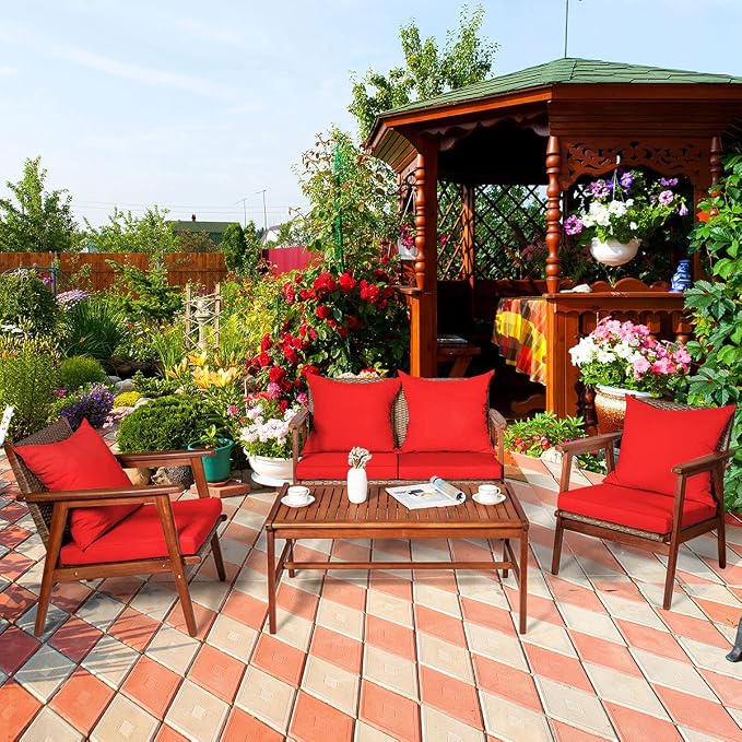 Tangkula 8 PCS Patio Wood Sofa Set, Outdoor Acacia Wood Seating Chat Set with Cushions & Coffee Table, Sectional Conversation Sofa Set for Garden, Backyard, Poolside (2, Red)