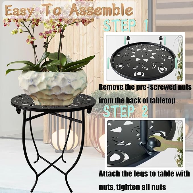 Small Patio Table, 17Inch Height Metal Patio Side Table with Flower Cut Design, 14'' Round Small Outdoor Side Tables for Patio Yard Porch Balcony Garden Bedside Plant Stand Indoor Outdoor 2Pack