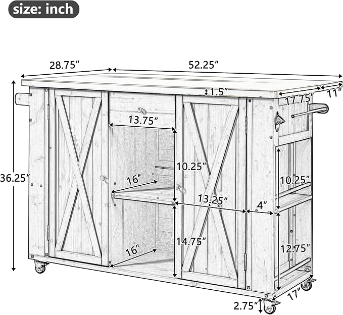 Outdoor Kitchen Island Fir Wood Kitchen Island with Stainless Steel Top,Ample Storage Space, Towel and Spice Racks and a Bottle Opener for Outdoor (Grey@53)