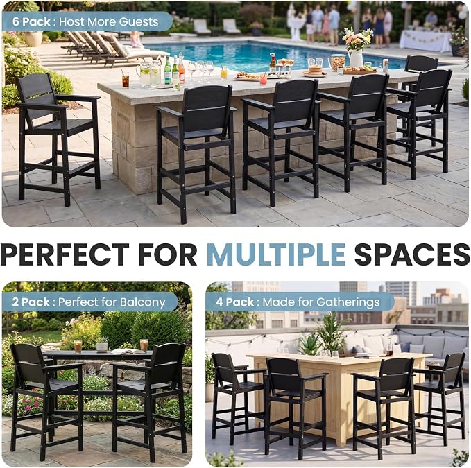 HDPE Outdoor Bar Chairs Set of 2, 28.5" Seat Height Bar Height Patio Stools with Armrest & Back, Heavy Duty All Weather High Top Chairs for Porch/Poolside/Deck, 400lb Capacity, Black