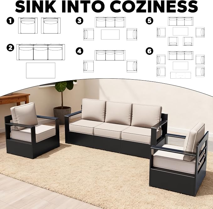 Aluminum Outdoor Conversation Furniture Set - All Weather Patio 79" Sofa with 4 Swivel Rocker Chairs, 6" Water-Resistant Cushions & Furniture Covers & Metal Armrest for Backyard (Beige)