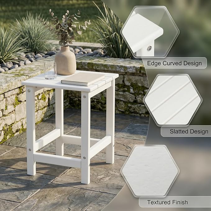 Outdoor Side Table, Square HDPE Patio End Table, Weather Resistant Adirondack Side Table for Porch, Garden, Backyard, Poolside, Waterproof Small Slat Accent Table, 14 Inch, White