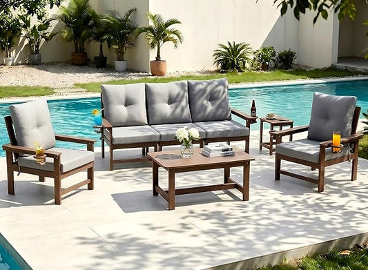 HDPE 7 Piece Patio Furniture Set, Outdoor Sectional Sofa with Coffee Table, Side Table and Seat Cusions, Patio Conversation Set for Party, Backyard, Porch, Deck, Poolside, Brown & Grey
