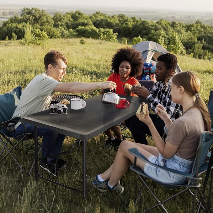4 Ft Plastic Folding Table,Heavy Duty Portable Table for Indoor & Outdoor,Wood Grain Desktop & 350lbs Weight Capacity,Premium Solutions for Camping,Picnic,BBQ and Party