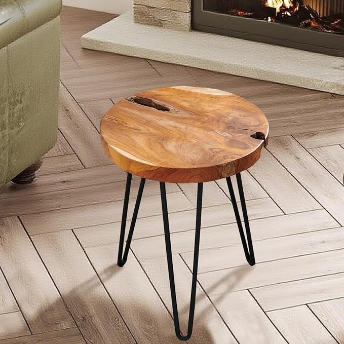 Round Teak Wood Side Table 15" x 15" x 20.4" H Vintage Wooden Slab Coffee Live Edge Tables Solid Wood Rustic Plant Stand Accent End Tables Living Room Patio Bedroom Nightstand