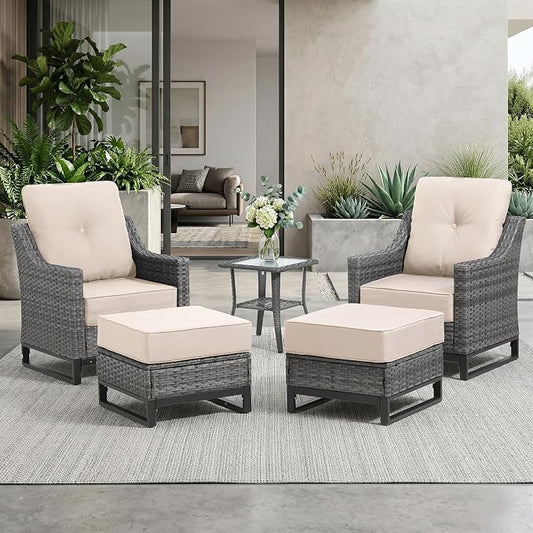 5 Piece Patio Furniture Set, Comfortable Seating Wicker Chairs Set of 2,Outdoor Side Tale and 2 Ottomans, All-Weather Wicker Patio Set with 6 Inch Thick Cushions for Porch Deck Balcony Garden