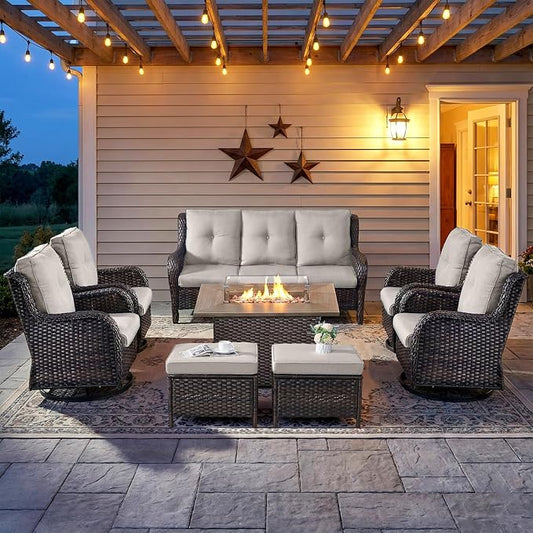 8 Piece Patio Furniture Set with 41" Fire Pit Table - Patio Conversation Set with 4 Inch Thick Cushions and Deep Seating Swivel Glider Chairs Set of 4 & Outdoor Couch for Porch Deck Yard Pool